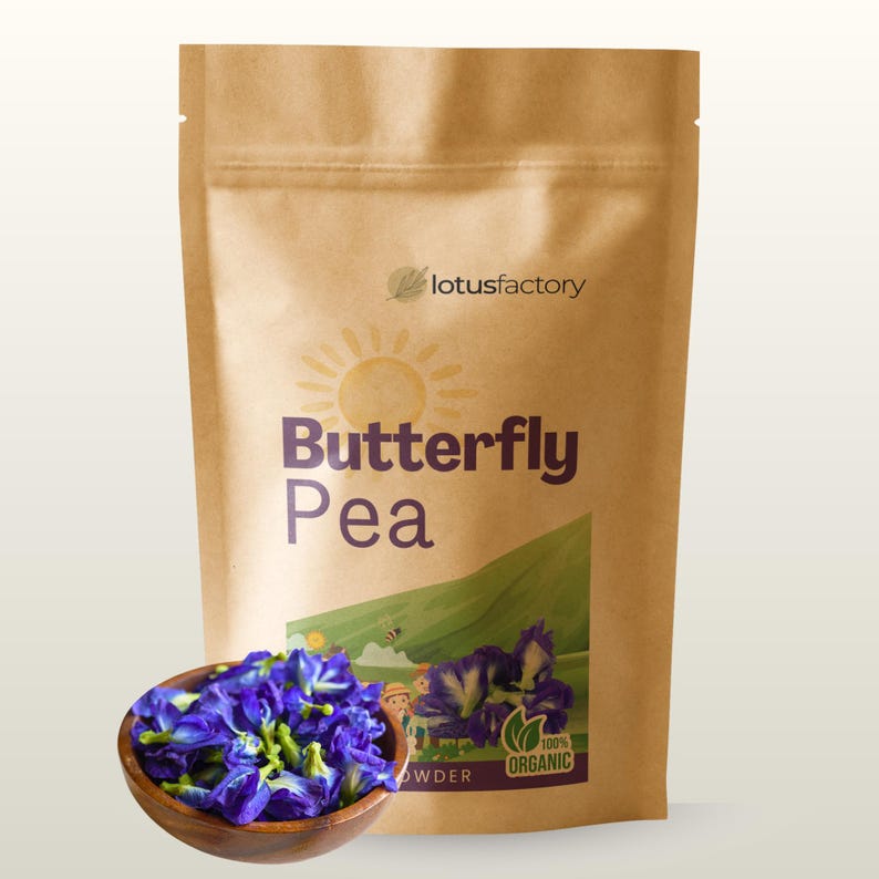 Blue butterfly pea flowers in a wooden bowl set against a stand-up kraft paper zipper pouch for lotusfactory, ideal for natural botanicals, crafts, and floral supplies.