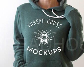 Mockup Bella and Canvas 3719 Hoodie Heather Forest Green Hooded sweatshirt Sponge Fleece Unisex Mock Up Flat Lay Winter
