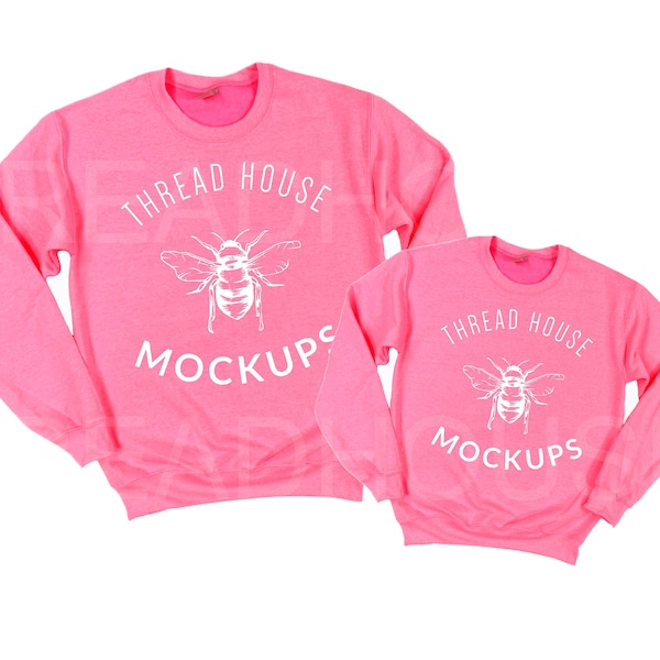 Gildan Sweatshirt Mockup 18000 G180 G180B Safety Pink Unisex Sweatshirt Youth Mock Up Flat Lay Winter Mommy and Me