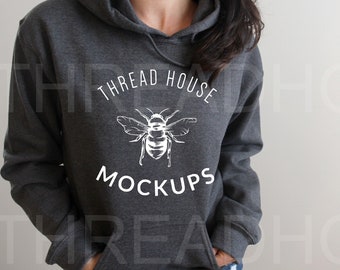 Model Mockup Dark Heather Grey Hoodie Sweatshirt Gildan G185 18500 Hooded Unisex Mock Up Flat Lay Winter Shirt