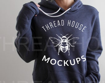 Model Mockup Hoodie Bella and Canvas 3719 Heather Navy Blue Hooded sweatshirt Sponge Fleece Unisex Mock Up Flat Lay Winter