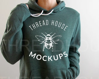 Model Mockup Bella and Canvas 3719 Hoodie Heather Forest Green Hooded sweatshirt Sponge Fleece Unisex Mock Up Flat Lay Winter