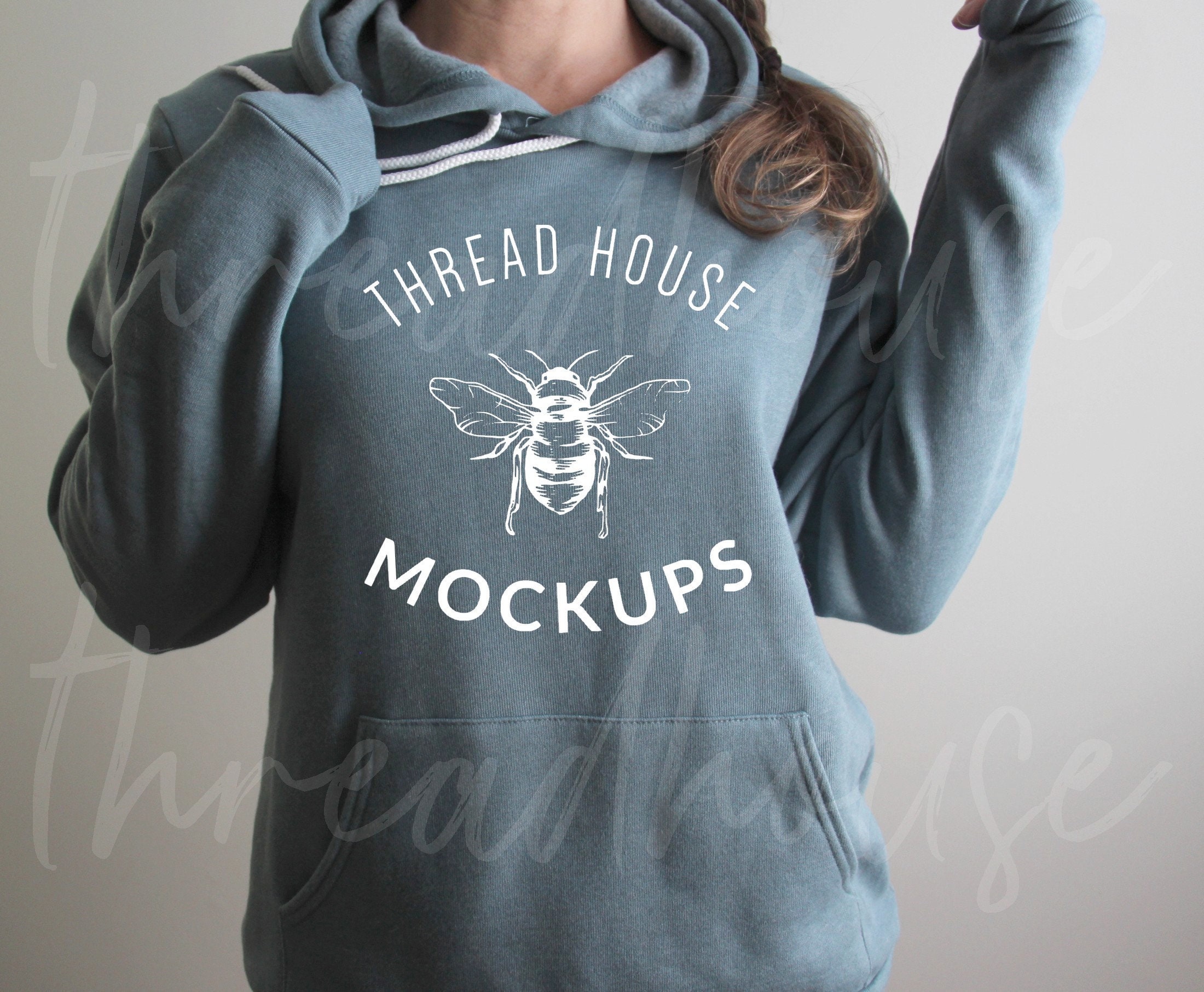 Mockup Hoodie Bella and Canvas 3719 Heather Slate blue Hooded sweatshirt Sponge Fleece Unisex Mock Up Flat Lay Winter