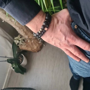 Adjustable pearl bracelet black lava stone for men