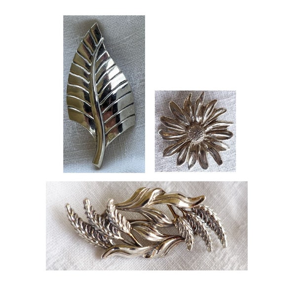 Vintage Sterling Nature Brooches-Danecraft Modern Leaf-Wheat Sheaves by Beaucraft