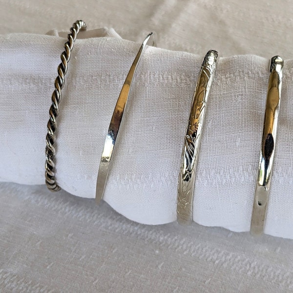 Set of 4 Unique Bangle Bracelets-60g Sterling Silver-Faceted-Floral-Geometric-Twisted-Taxco-Guadalajara-Other