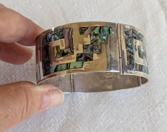 Vintage Taxco "Catalan" Sterling Abalone Inlay Bracelet, Wide Hinged Panels, Mid-Century Geometric Design 38g