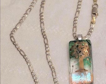 Handmade Glass Tree Pendant with 18" Sterling Vermeil Figaro Chain