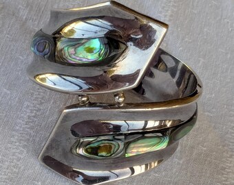 Vintage Taxco 58g Sterling Hinged Wrap Cuff w Abalone Inlay