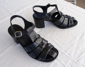 Freelance France Vintage 37 Strappy Black Sandals Chunky Heel Little Worn