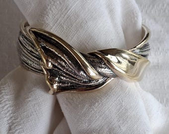 Vintage N.S. Bar‑On Israel 925 Sterling Silver Electroform Knot/Bow Cuff Bangle Bracelet, Gold Vermeil Accents, 48g, Statement