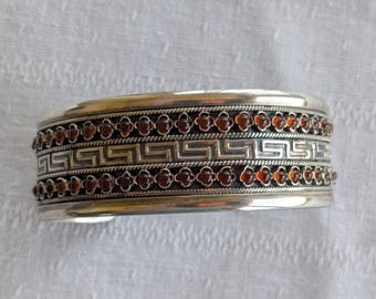 Krissos Filigree Sterling Cuff with Greek Key Design and Carnelian Cabochons