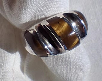 ATI Mexico Sz 7.5 Sculpted Sterling Signet Ring with Tiger Eye Inlay