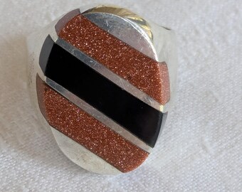 Taxco Sz 15 Onyx Goldstone Sterling Inlay Ring 25g