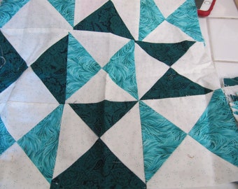 Vintage Turquoise Teal Beige Unfinished Triangle Quilt Blocks