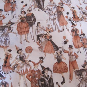 May include: Fabric featuring a repeating pattern of vintage Halloween illustrations. The illustrations depict people in costumes, including witches, clowns, and harlequins, in shades of orange, black, and white. Some figures hold balloons.