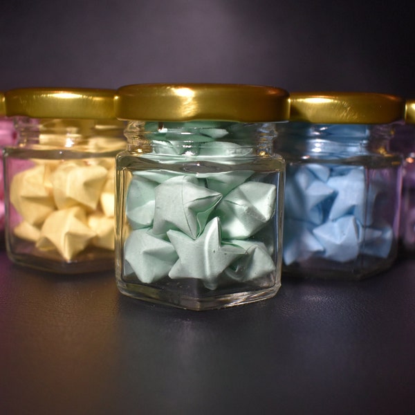 2" Jar of Lucky Stars, personalizable, Glass jar of Origami Stars, Perfect Wedding Favor, Party gift, Anniversary, Table Décor