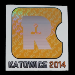 May include: A square sticker featuring a large, light-colored letter R centered on an orange background with a repeating holographic pattern of the word GAMING. Below the orange square, the text KATOWICE 2014 is printed in bold, dark letters.