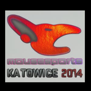 May include: A sticker featuring a stylized red and orange mouse head logo above the text mousesports in purple and the text KATOWICE 2014 in black and red. The design has a metallic, reflective finish on a light gray background with a black border.