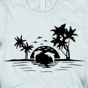 Strand Und Delfine SVG, Palme Sonnenuntergang SVG, Meer Urlaub, Ozean, Tropische Sommer Design Shirt, Silhouette Plotterdatei, Cricut Datei, dxf