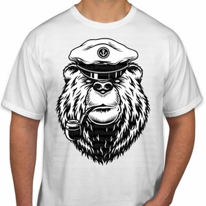 May include: A black and white illustration of a bear wearing a sailor's hat and smoking a pipe. The bear has a serious expression on its face.