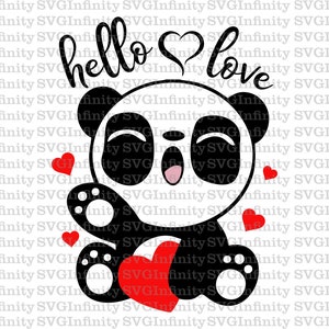 Panda Hello Love SVG, Funny Panda SVG, Panda en Hearts SVG, Valentijnsdag svg, Panda Silhouette, Love Forever, Silhouette Cut File, png