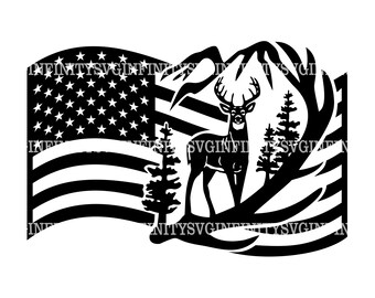 Hjort och USA-flagga SVG, patriotisk hjort SVG, berg svg, djurliv, äventyr, hjort clipart, jakt, skog, bock silhuett, hjort Cricut