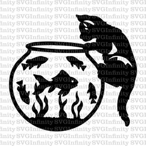 Gato y acuario SVG, Gato de pesca SVG, Gato divertido SVG, Gato lindo, Acuario con peces, Imágenes prediseñadas de mascotas, Silueta de gato, Archivo de corte Cricut de silueta