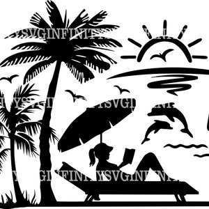 Plage tropicale SVG, Palmiers SVG, Dauphins SVG, Coucher de soleil, Lever de soleil, Vacances à la mer, Océan, Clipart de plage, Cricut de plage, Clipart de palmier tropical