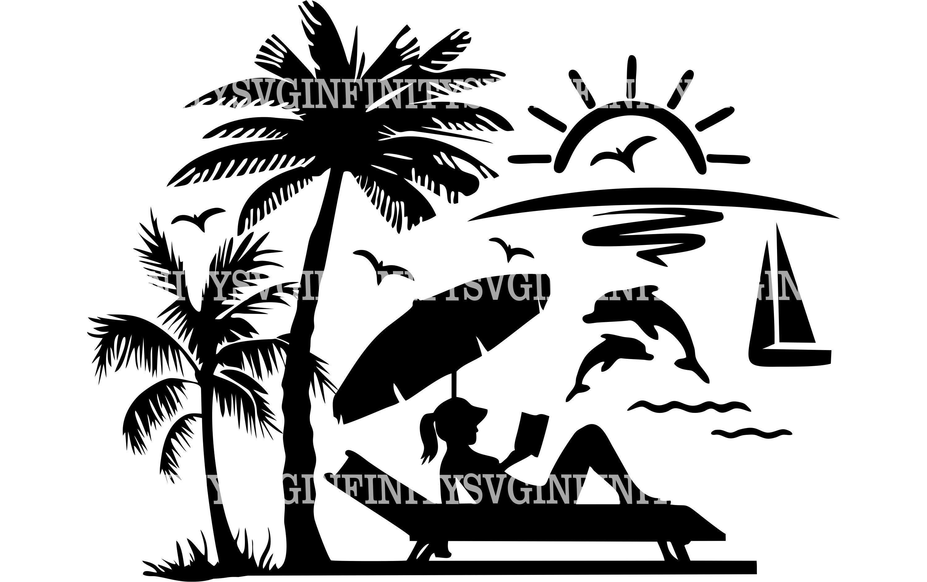 Beach Scene Clipart Black And White