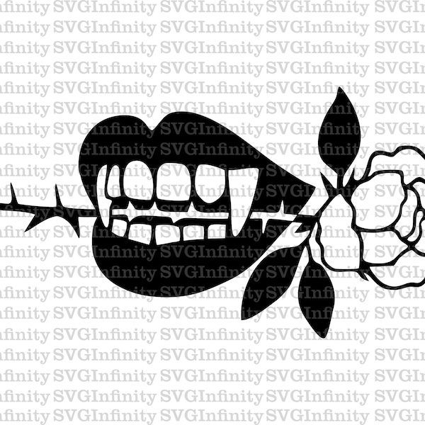 Rose In Teeth SVG, Vampire Bite SVG, Valentine's Day SVG, Lips, Mouth, Silhouette Cricut Cameo cut file, Cricut design, dxf, png, eps, pdf