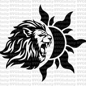 Lion et Soleil SVG, King Lion SVG, Lion Head, Lion Face, Lion Silhouette, Tattoo, Lion Roaring, Lion Roar, Lion Clipart, Silhouette cut file