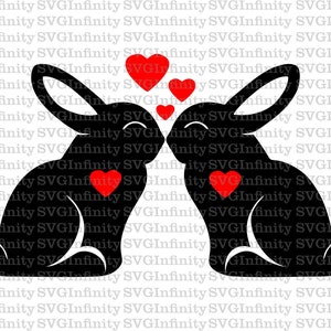 Kissing Bunnies SVG, Bunnies Love SVG, Saint-Valentin SVG, Bunnies Couple, Hearts, Rabbit Silhouette, Bunny Clipart, Rabbit Clipart, png