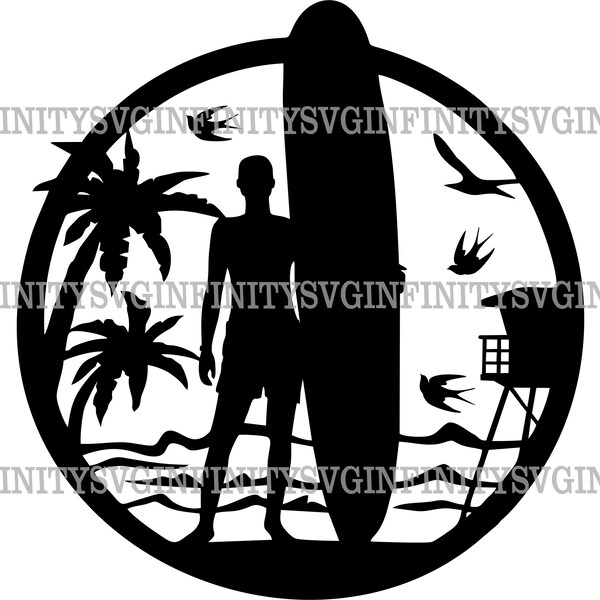 Surfer SVG, Longboard SVG, Beach SVG, Tropical Palm Trees, Surfer Clipart, Beach Clipart, Sea, Ocean, Seascape Clipart, Palm Trees Clipart