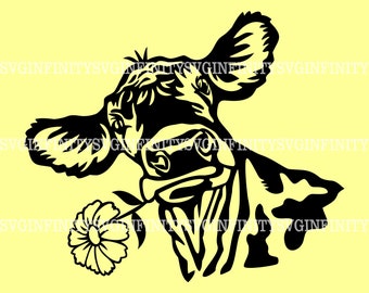 Ko med blomma SVG, Ko-noskål SVG, Ko SVG, Rolig Ko SVG, Gårdsdjur SVG, Kviga SVG, Gårdströja SVG, Ko Clipart SVG, Ko Cricut SVG