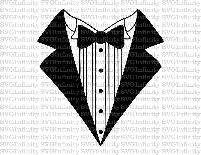 May include: A black tuxedo with a white shirt and a black bow tie. The tuxedo has a classic design with a pointed collar and a single button closure.