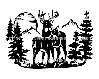 Deers and Mountains SVG, Deer SVG, Wildlife SVG, Adventure svg, Deer clipart, Hunting, Forest, Buck and Doe svg, Deers and Mountains Clipart