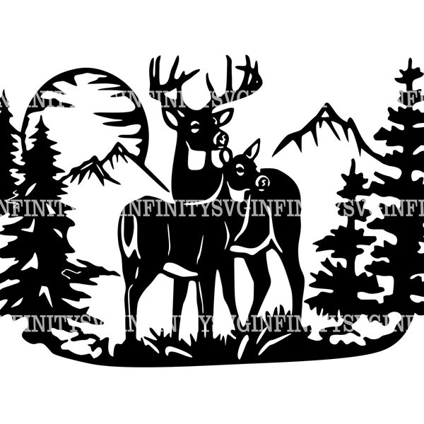 Deers and Mountains SVG, Deer SVG, Wildlife SVG, Adventure svg, Deer clipart, Hunting, Forest, Buck and Doe svg, Deers and Mountains Clipart