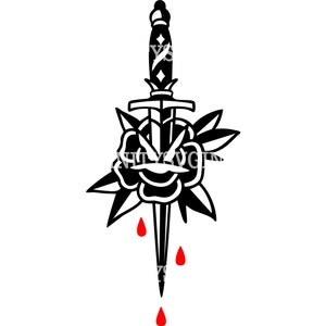 May include: Black and white illustration of a dagger piercing a rose with red blood dripping from the tip.