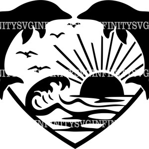 Delfine Sonne Herz SVG, Sonnenuntergang Szene SVG, Sonnenschein, Springende Delfine svg, Ozean, Delfine Clipart, Delfine Cricut, Tropisches Sommer Design