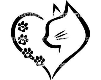 Cat In Heart SVG, Cat Paws SVG, Cat Footprints SVG, Cat Lover svg, Cat Clipart, Cat Cricut, Heart Clipart, Heart Cricut, Silhouette cut file
