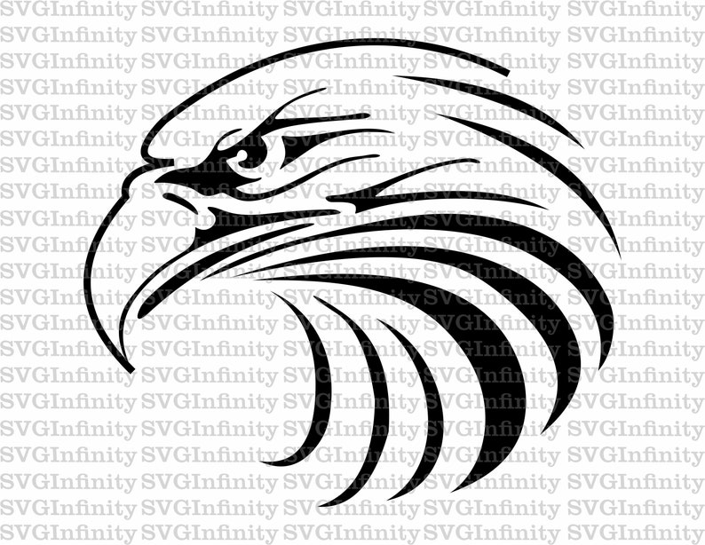 May include: Black and white stylized illustration of an eagle's head with its beak open and wings spread out behind it. The eagle's eye is detailed and the feathers are sharp and defined.