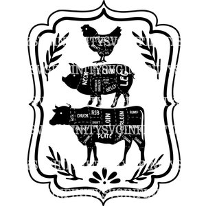 Poulet Cochon Vache Viande SVG, Animaux de ferme, Volaille Porc Bœuf, Ferme, Décor de cuisine, Tableau de boucher, Diagramme de coupes, Ensemble de boucherie, png, dxf