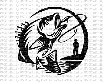Fisherman SVG, Fishing SVG, Fisherman Catching Fish SVG, Fisherman Silhouette, Fisherman Clipart, Silhouette cut file, Cricut cut file, png