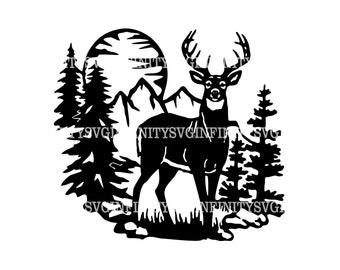 Hjort och berg SVG, Hjort SVG, Jakt SVG, Vilda djur, Äventyr svg, Hjort clipart, Skog, Bock silhuett, Hjort och berg Clipart