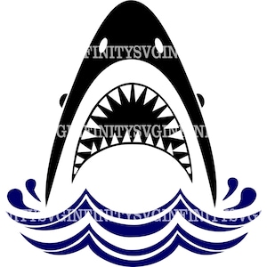 May include: Black silhouette of a shark's head with an open mouth and sharp teeth, set against a blue wave background.