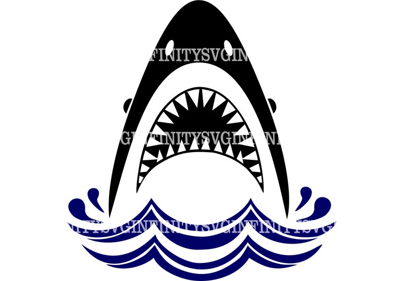 May include: Black silhouette of a shark's head with an open mouth and sharp teeth, set against a blue wave background.