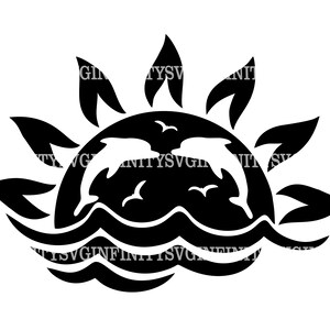Sonne und Delfine SVG, Sonnenschein SVG, Sonnenuntergang Szene SVG, springende Delfine svg, Ozean, Delfine Clipart, Delfine Cricut, Tropical Summer Design
