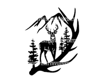 Hjort SVG, Hjort och berg SVG, Vilda djur SVG, Äventyrssvg, Hjort Clipart, Jakt, Skog, Bocksilhuett, Hjort och berg Clipart