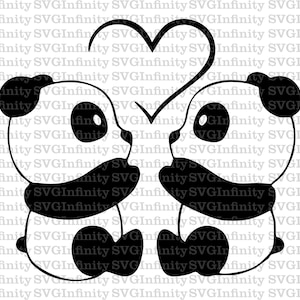Pandas y corazón SVG, Pandas lindos SVG, Pandas divertidos SVG, Silueta de pandas, Panda Clipart, Panda Cricut svg, Archivo de corte de silueta, png, dxf